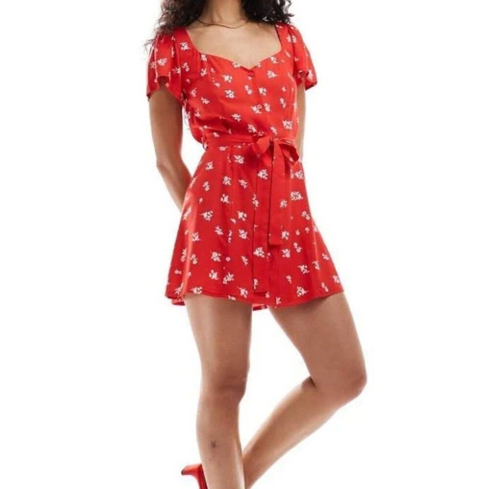 ASOS Red Floral Tie Waist Mini Tea Dress Flutter Sleeve Size 0 Cottagecore